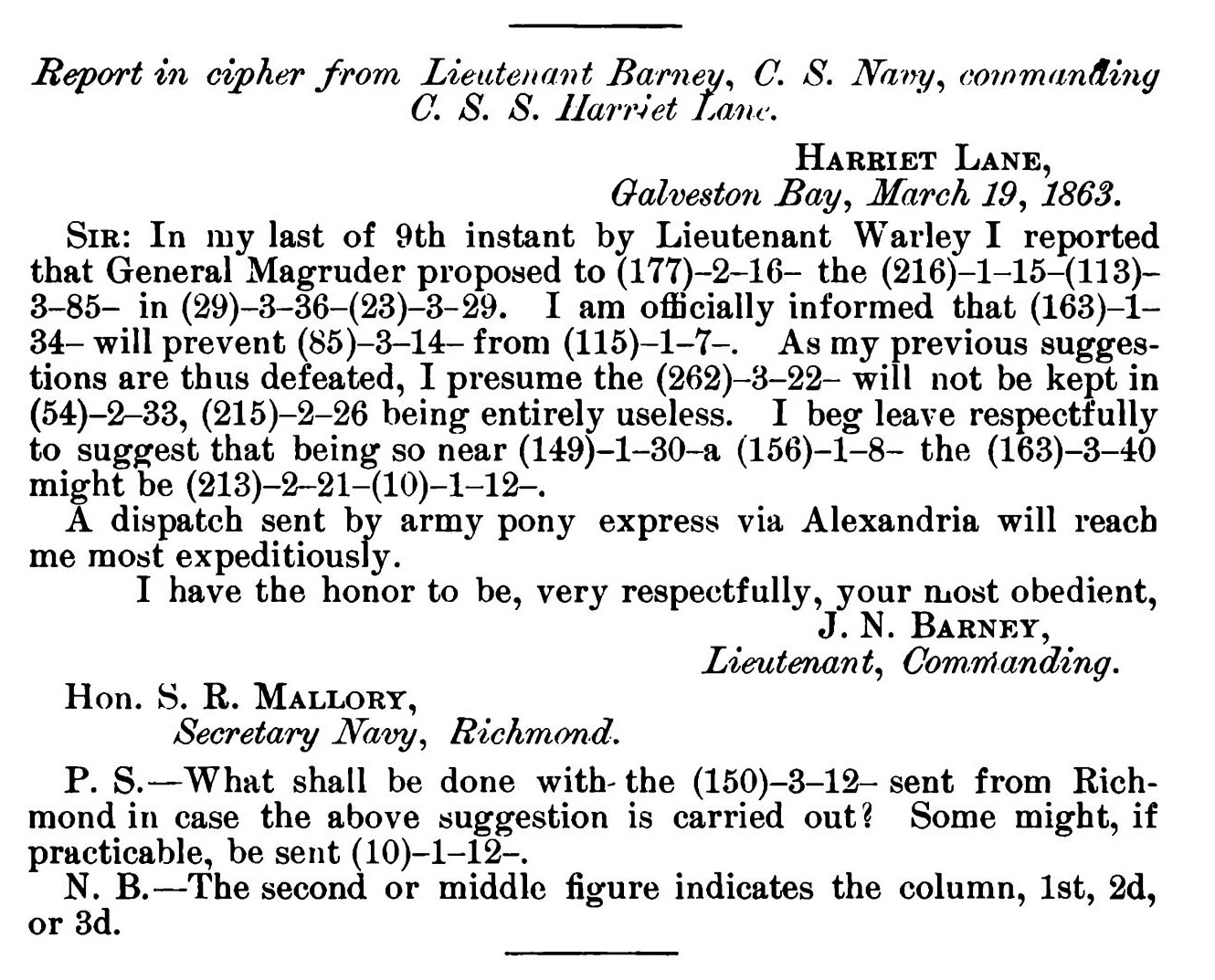 Official Records of the Union and Confederate Navies, Series I, vol. 20, p. 805. Printed in 1905, still in cipher.