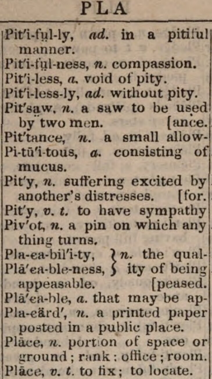 A Primary-School Pronouncing Dictionary of the English Language, 1850, printed page 177, middle column, from the top of the column down. The sixteenth displayed headword is Place. Harvard University copy, digitised by HathiTrust as hvd.32044086661170.