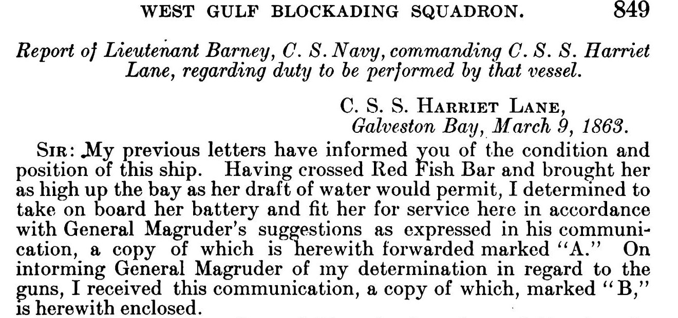 Official Records of the Union and Confederate Navies, Series I, vol. 19, p. 849. Barney to Mallory, 9 March 1863, the report the cipher refers back to, printed in clear. Page scan held by the University of North Texas, Portal to Texas History.