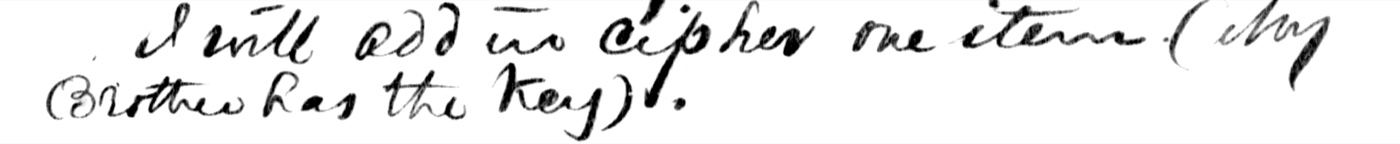 Frame 97, the line above the cipher: &ldquo;I will add in cipher one item (My Brother has the Key.)&rdquo;