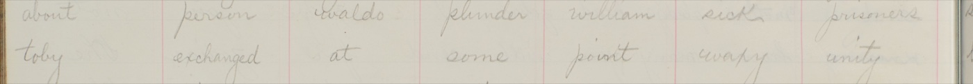 Two rows as written. Fourteen cells, one hand, one size, one ink, and no marking of any kind. Nothing here says which of these words mean what they say.
