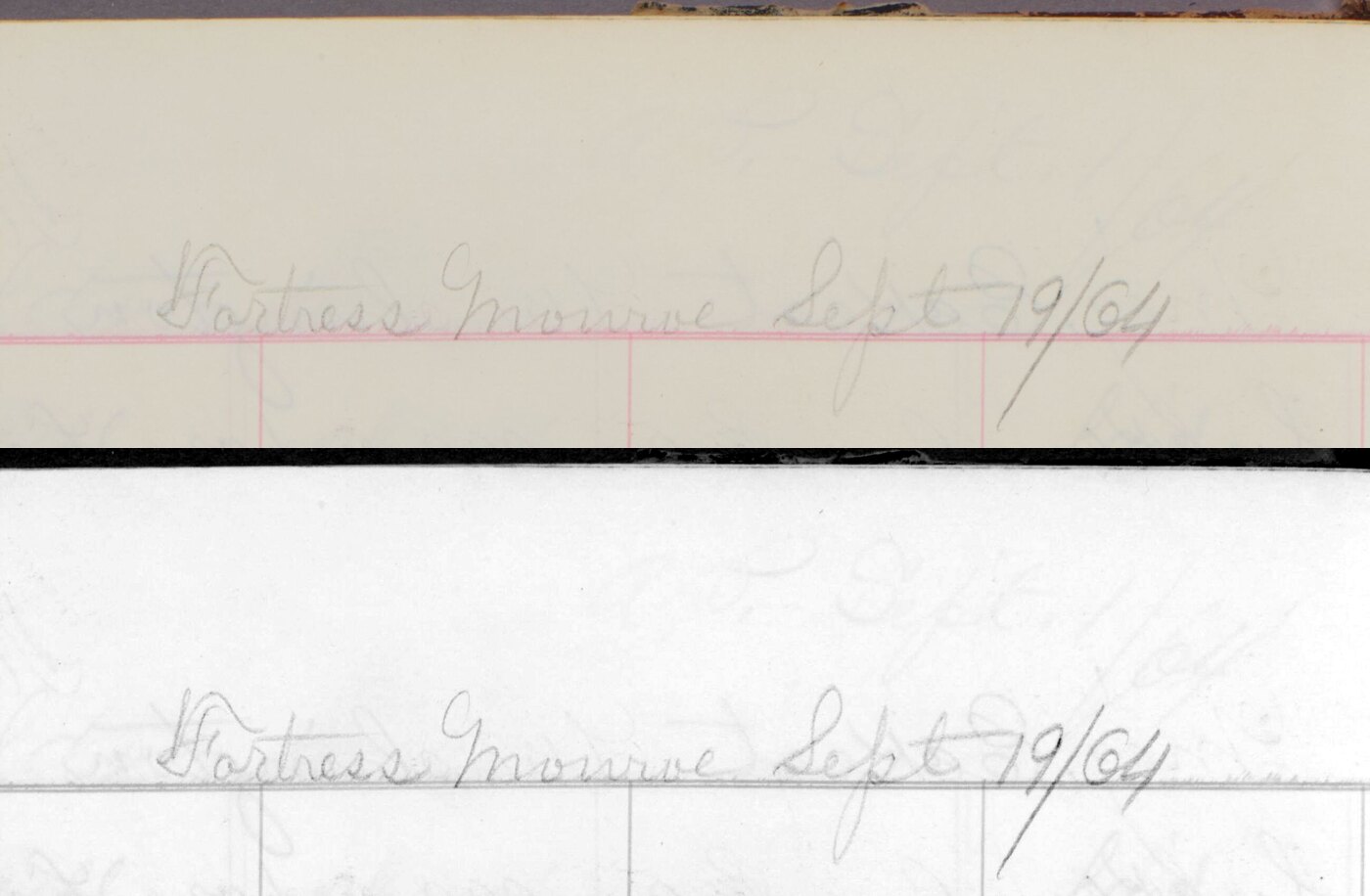 Page 240, the heading line. The Huntington scan above, the same crop with its contrast enhanced below. The pencil reads Fortress Monroe Sept 19/64, with a fainter line showing through from the back of the leaf. The enhancement was made here for legibility. It is a derivative of the scan and not a facsimile, and every word taken from it was checked against the untouched original.